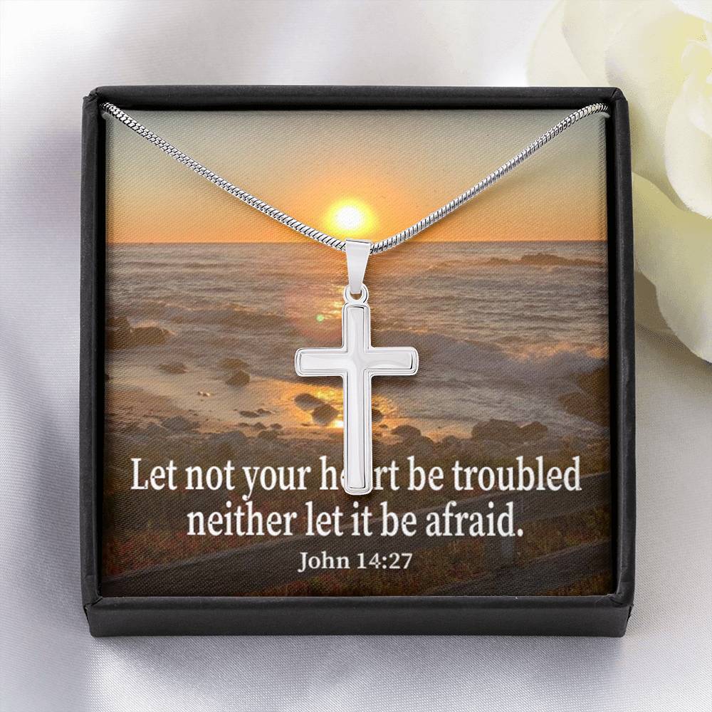 Scripture Card Let Not Your Heart Be Troubled John 14:27 Cross Card Necklace w Stainless Steel Pendant Religious Gift-Express Your Love Gifts
