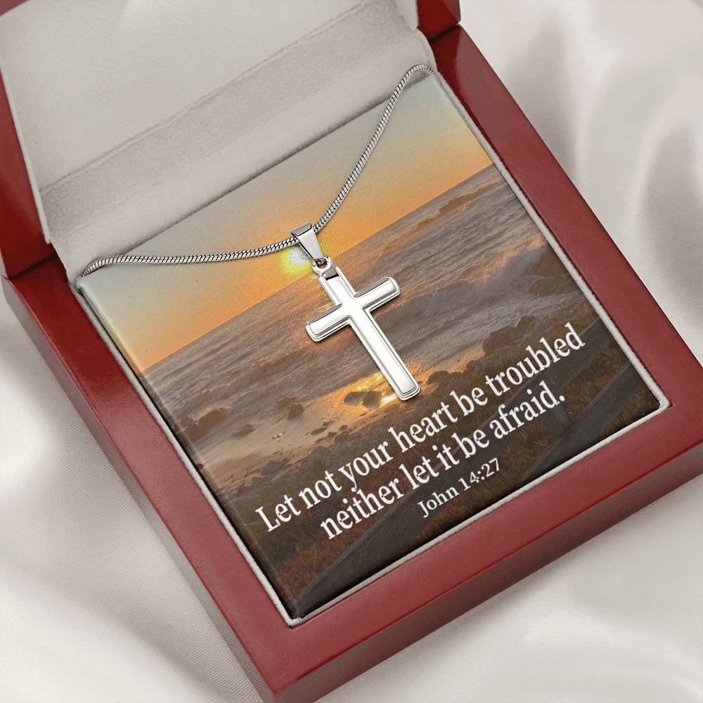 Scripture Card Let Not Your Heart Be Troubled John 14:27 Cross Card Necklace w Stainless Steel Pendant Religious Gift-Express Your Love Gifts
