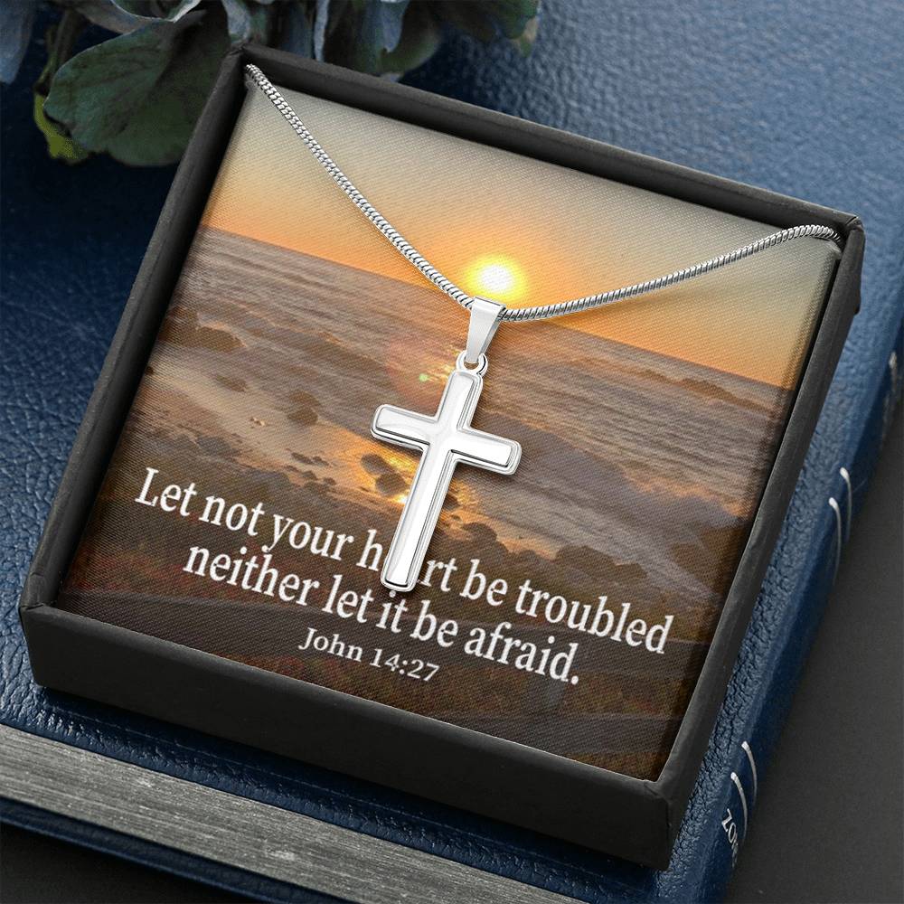 Scripture Card Let Not Your Heart Be Troubled John 14:27 Cross Card Necklace w Stainless Steel Pendant Religious Gift-Express Your Love Gifts