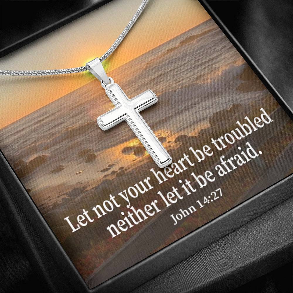 Scripture Card Let Not Your Heart Be Troubled John 14:27 Cross Card Necklace w Stainless Steel Pendant Religious Gift-Express Your Love Gifts