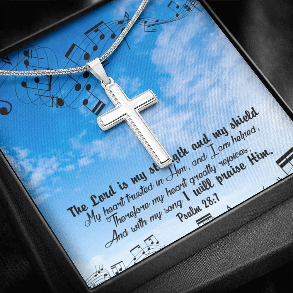 Scripture Card Lord Is My Strength Psalm 28:7Cross Card Necklace w Stainless Steel Pendant Religious Gift-Express Your Love Gifts