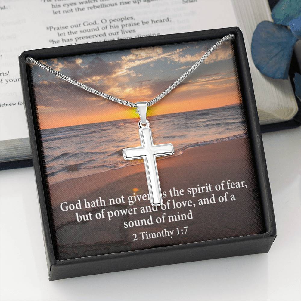 Scripture Card No Fear Faith 2 Timothy 1:7 Cross Card Necklace w Stainless Steel Pendant Religious Gift-Express Your Love Gifts