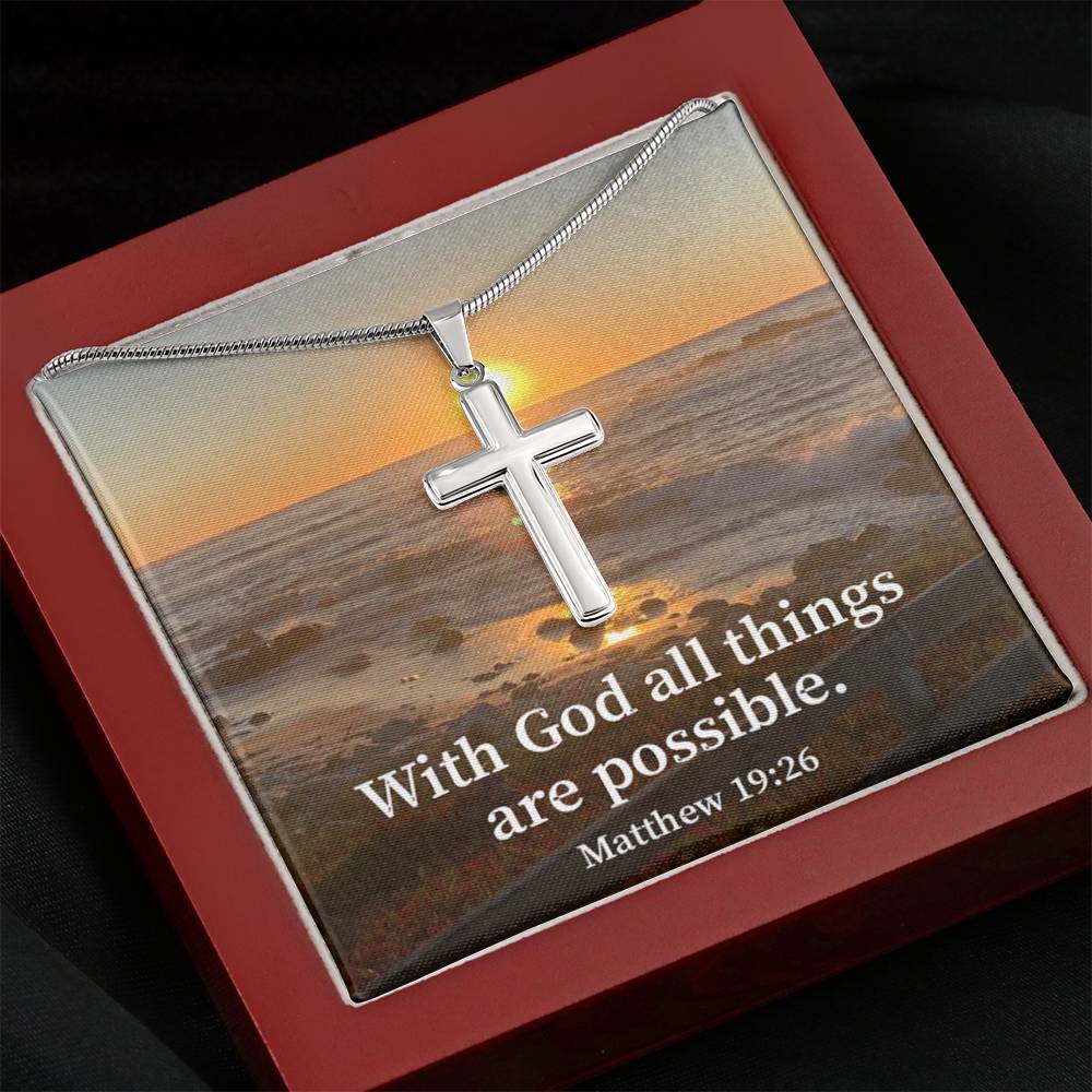 Scripture Card With God All Things Are Possible Matthew 19:26 Cross Card Necklace w Stainless Steel Pendant Religious Gift-Express Your Love Gifts