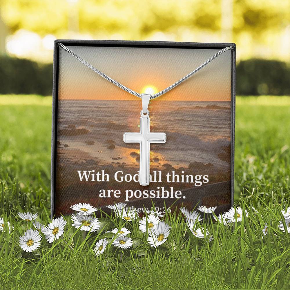 Scripture Card With God All Things Are Possible Matthew 19:26 Cross Card Necklace w Stainless Steel Pendant Religious Gift-Express Your Love Gifts