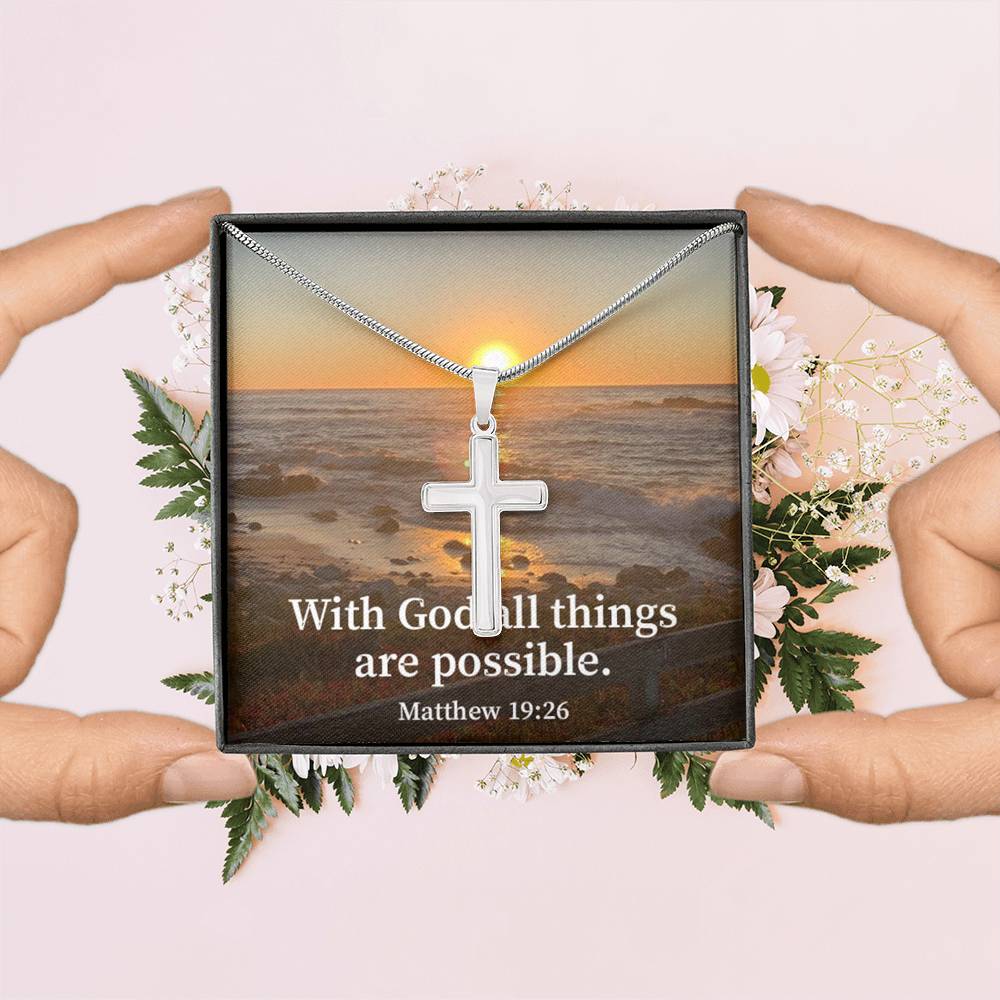 Scripture Card With God All Things Are Possible Matthew 19:26 Cross Card Necklace w Stainless Steel Pendant Religious Gift-Express Your Love Gifts