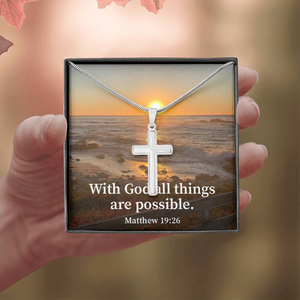 Scripture Card With God All Things Are Possible Matthew 19:26 Cross Card Necklace w Stainless Steel Pendant Religious Gift-Express Your Love Gifts