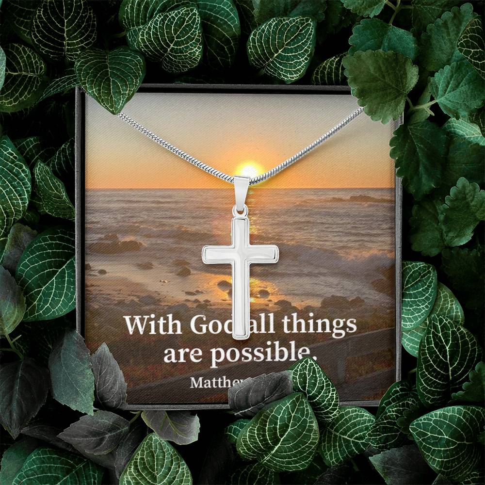 Scripture Card With God All Things Are Possible Matthew 19:26 Cross Card Necklace w Stainless Steel Pendant Religious Gift-Express Your Love Gifts