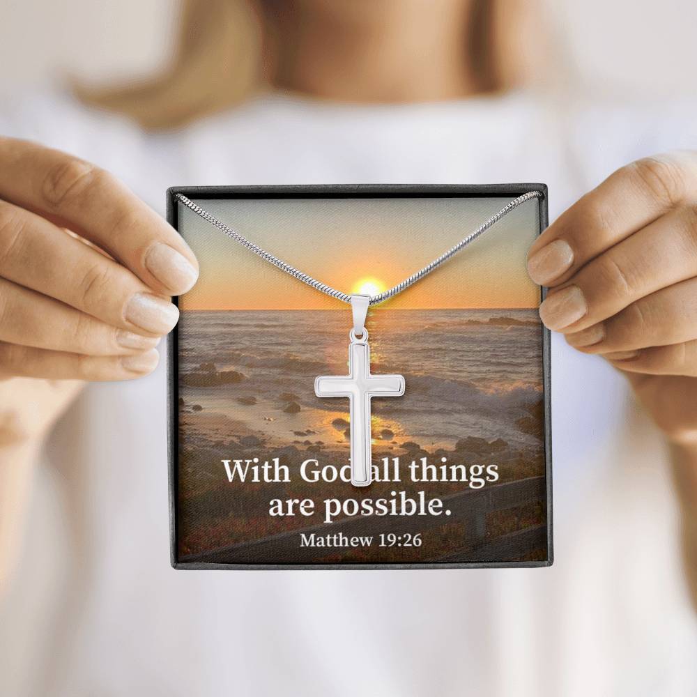 Scripture Card With God All Things Are Possible Matthew 19:26 Cross Card Necklace w Stainless Steel Pendant Religious Gift-Express Your Love Gifts