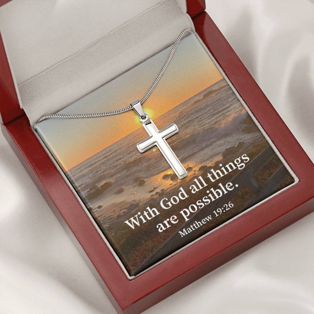 Scripture Card With God All Things Are Possible Matthew 19:26 Cross Card Necklace w Stainless Steel Pendant Religious Gift-Express Your Love Gifts