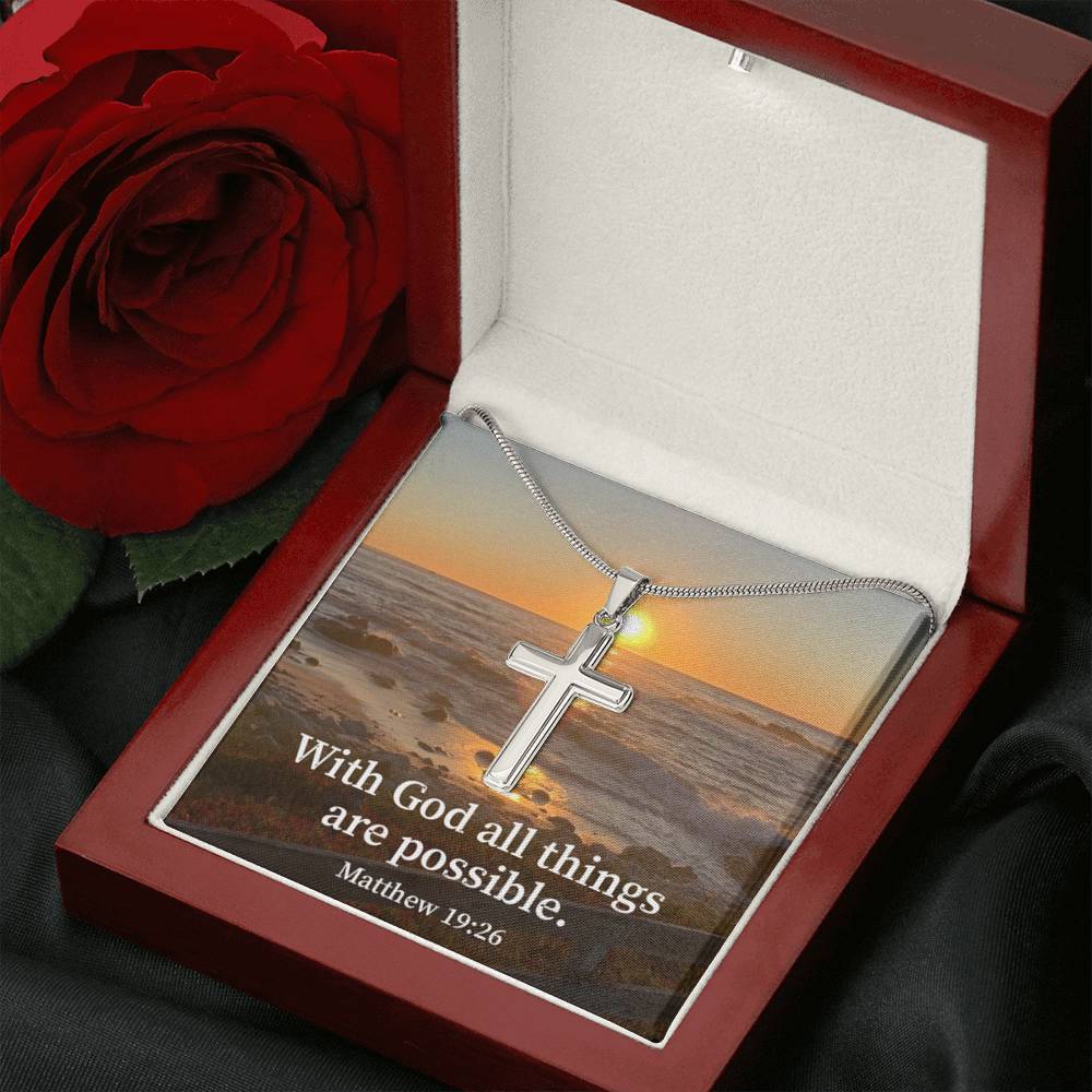 Scripture Card With God All Things Are Possible Matthew 19:26 Cross Card Necklace w Stainless Steel Pendant Religious Gift-Express Your Love Gifts