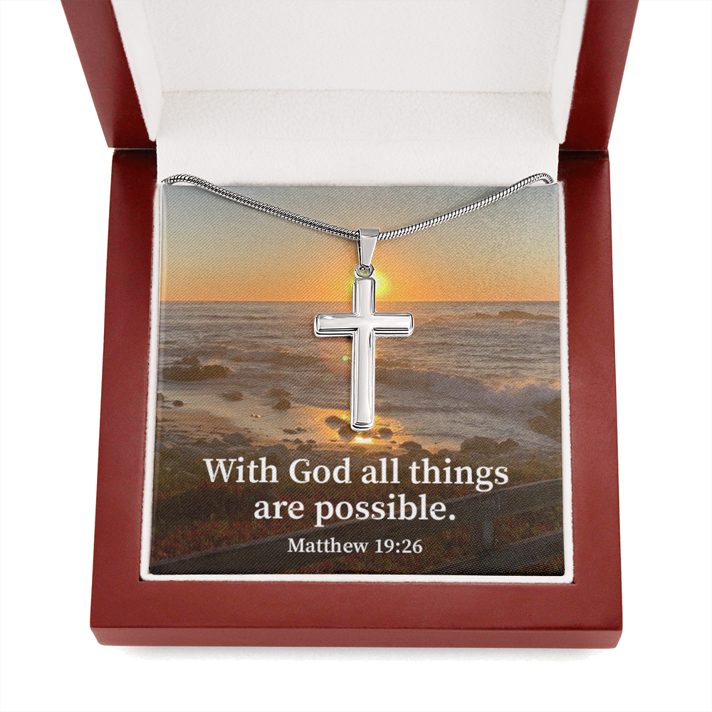 Scripture Card With God All Things Are Possible Matthew 19:26 Cross Card Necklace w Stainless Steel Pendant Religious Gift-Express Your Love Gifts