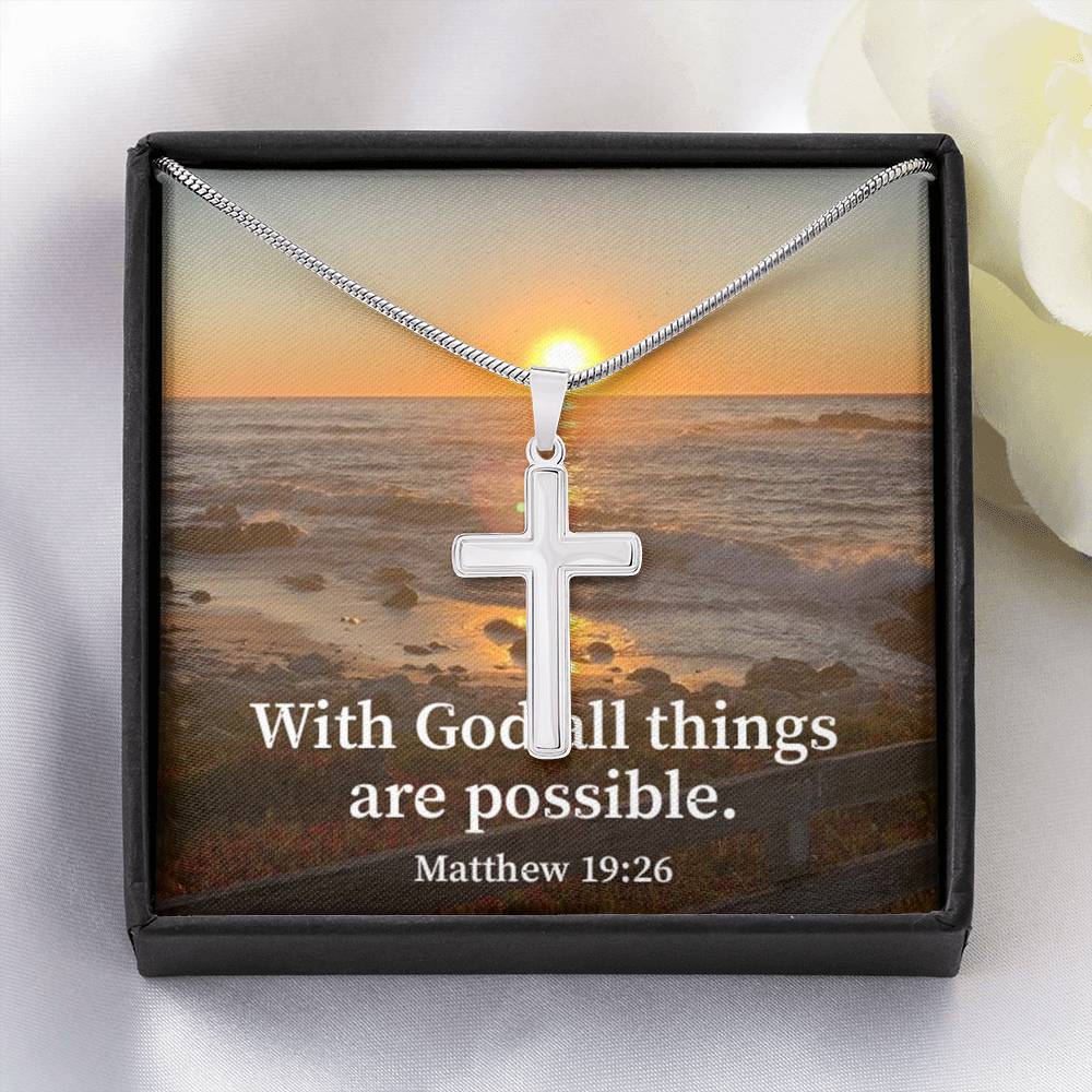 Scripture Card With God All Things Are Possible Matthew 19:26 Cross Card Necklace w Stainless Steel Pendant Religious Gift-Express Your Love Gifts