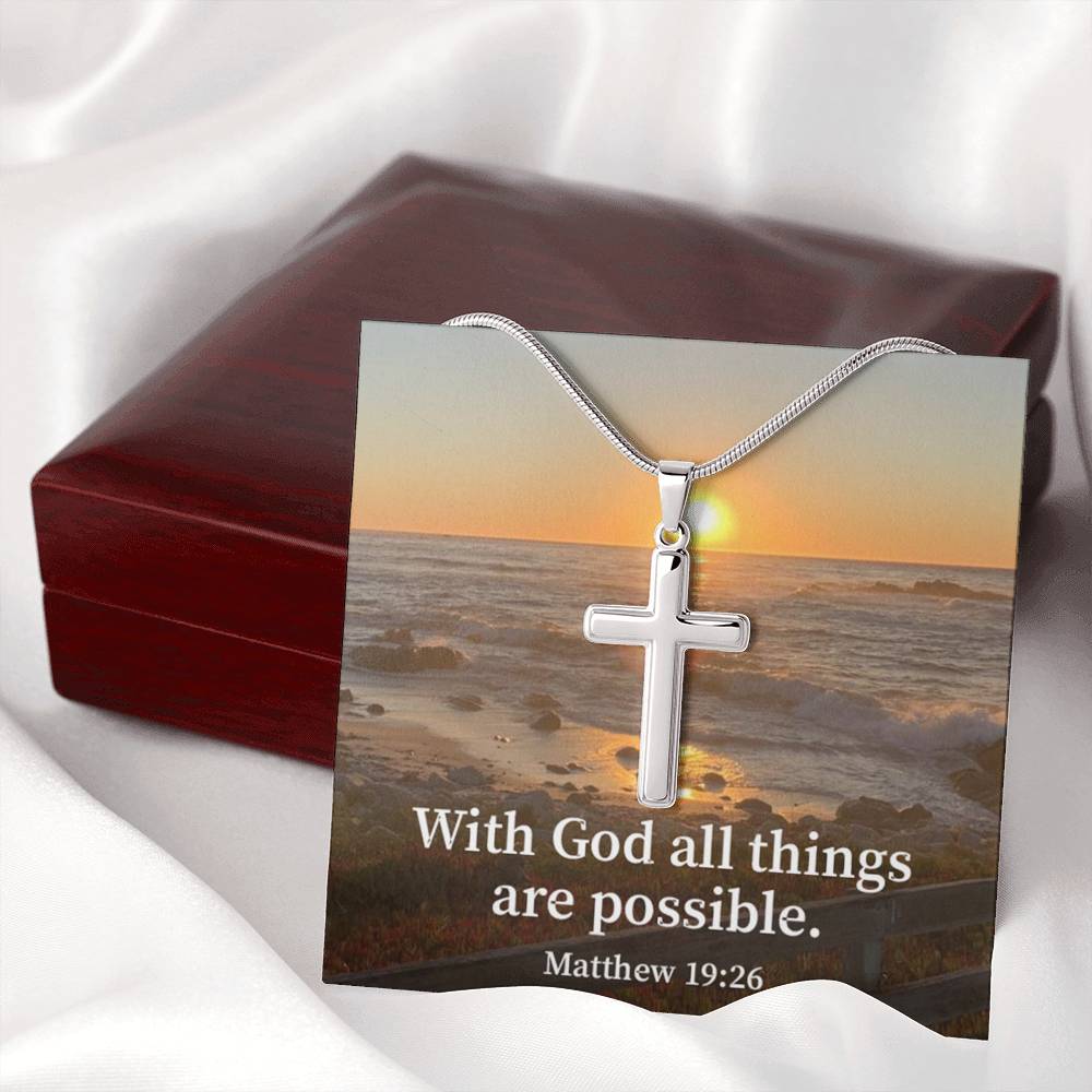 Scripture Card With God All Things Are Possible Matthew 19:26 Cross Card Necklace w Stainless Steel Pendant Religious Gift-Express Your Love Gifts