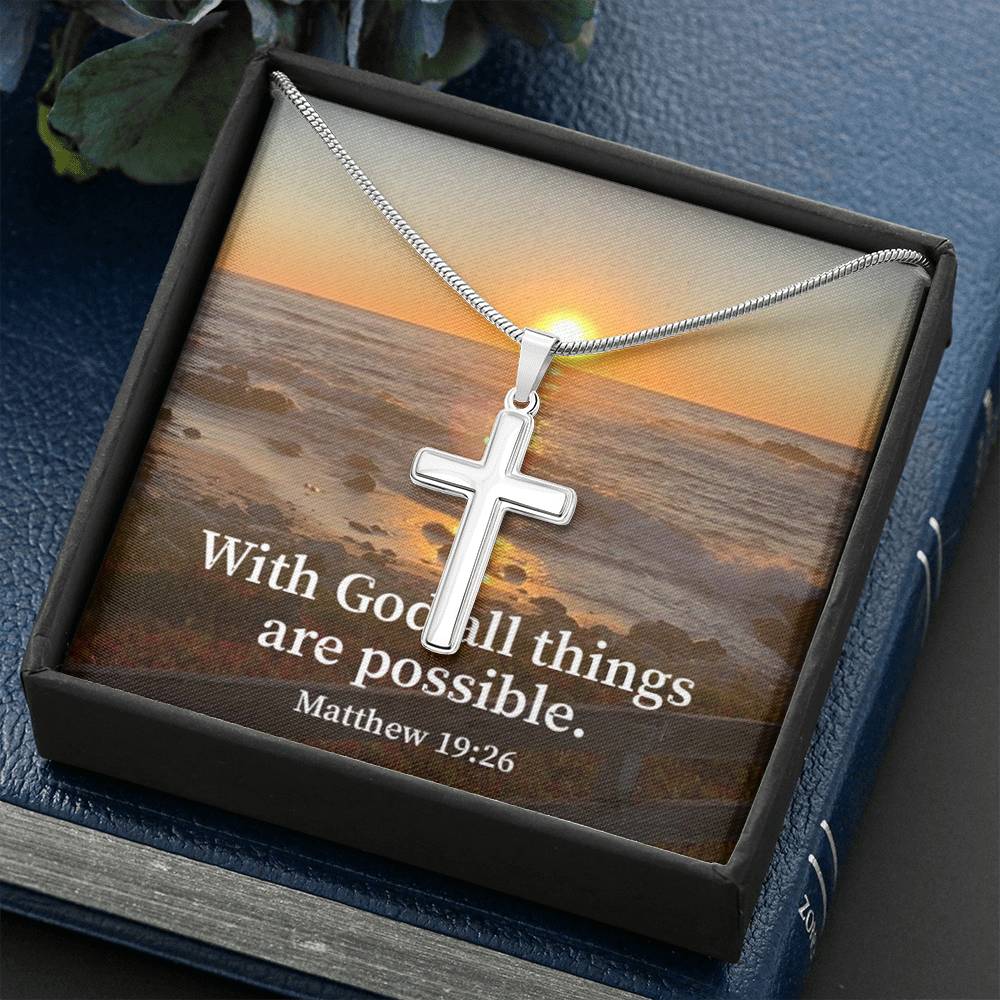 Scripture Card With God All Things Are Possible Matthew 19:26 Cross Card Necklace w Stainless Steel Pendant Religious Gift-Express Your Love Gifts