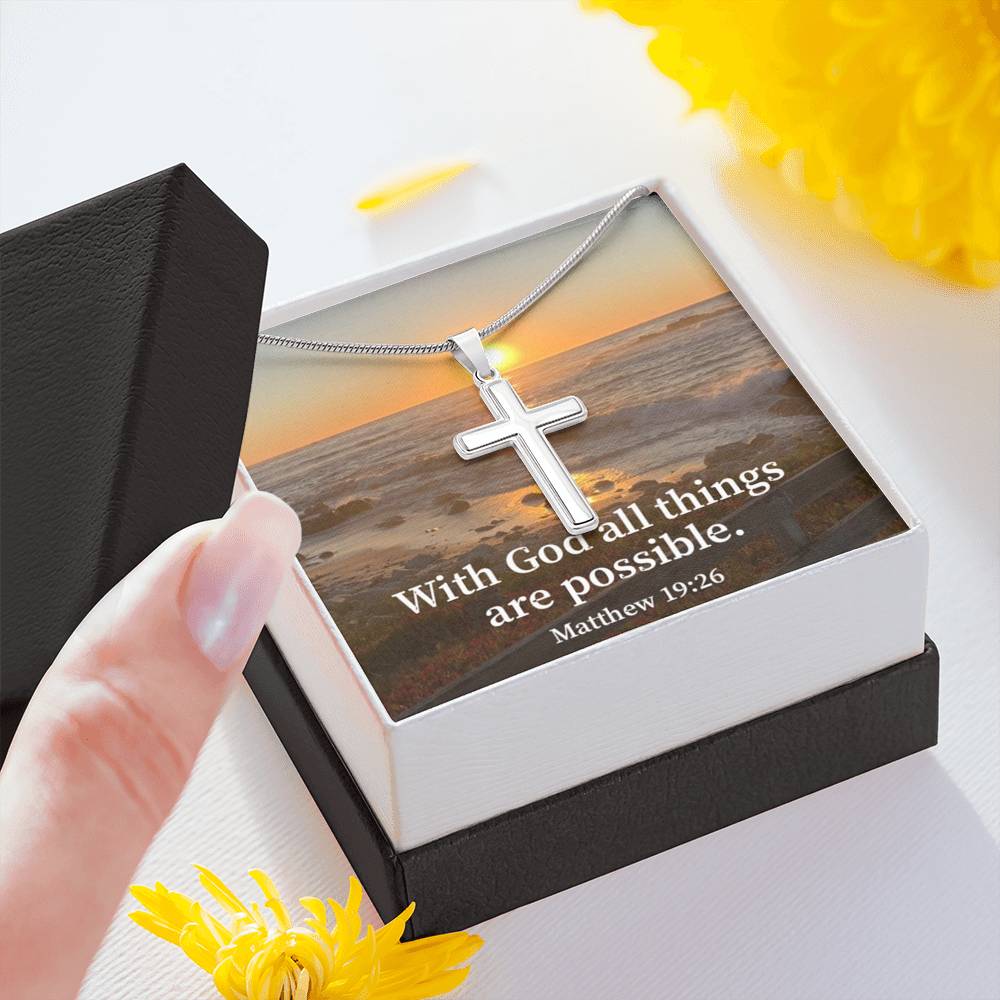 Scripture Card With God All Things Are Possible Matthew 19:26 Cross Card Necklace w Stainless Steel Pendant Religious Gift-Express Your Love Gifts