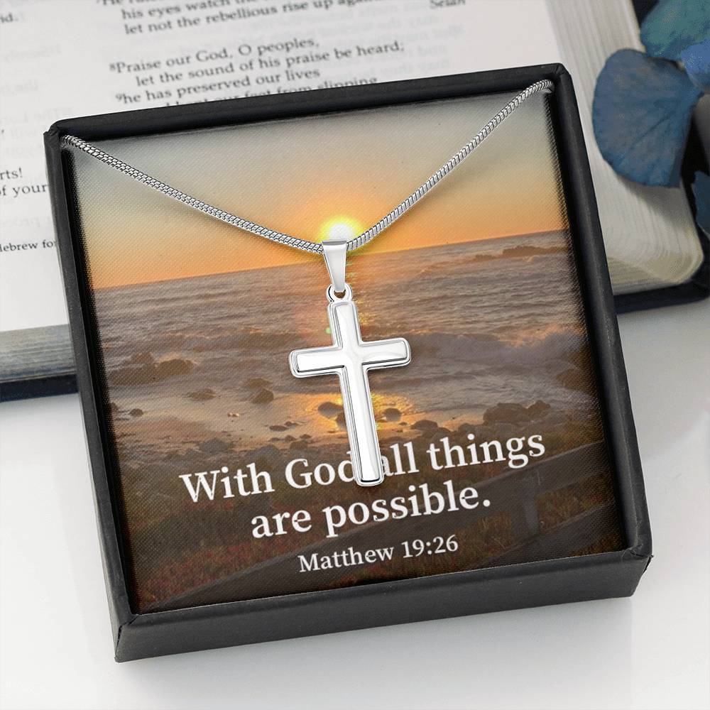 Scripture Card With God All Things Are Possible Matthew 19:26 Cross Card Necklace w Stainless Steel Pendant Religious Gift-Express Your Love Gifts