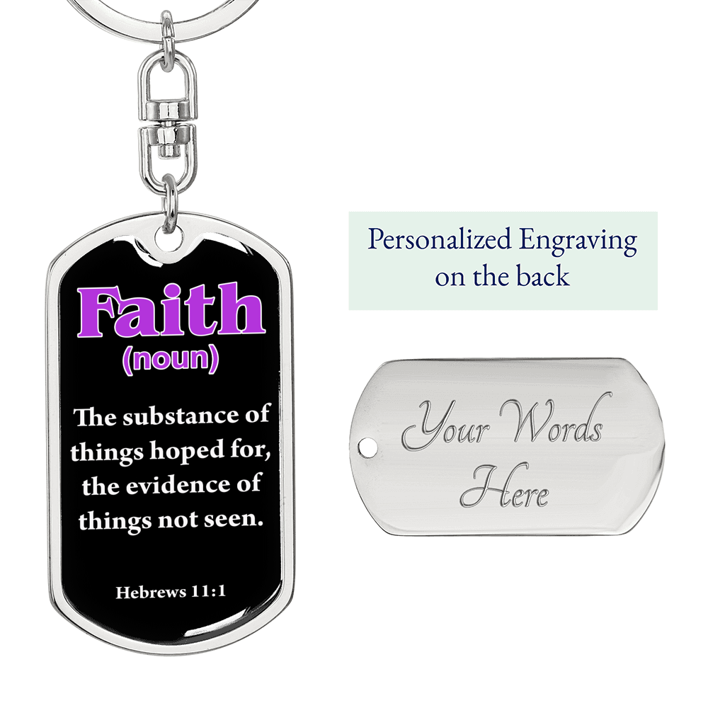 Scripture Necklace Faith Defined Hebrews Purple Swivel Keychain Dog Tag Stainless Steel or 18k Gold-Express Your Love Gifts