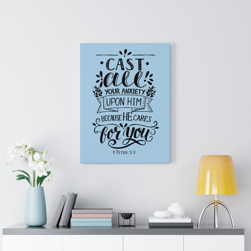 Scripture Walls Because He Cares 1 Peter 5:7 Bible Verse Canvas Christian Wall Art Ready to Hang Unframed-Express Your Love Gifts