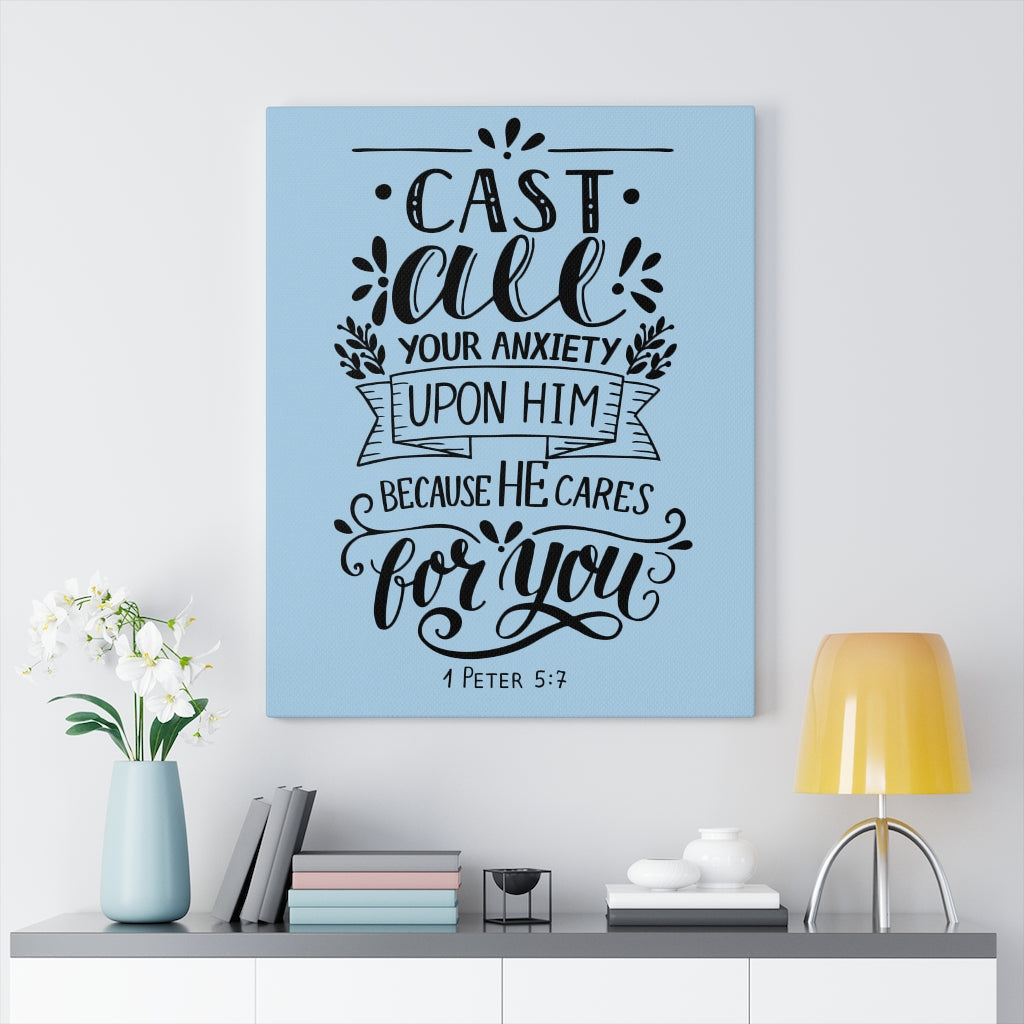 Scripture Walls Because He Cares 1 Peter 5:7 Bible Verse Canvas Christian Wall Art Ready to Hang Unframed-Express Your Love Gifts