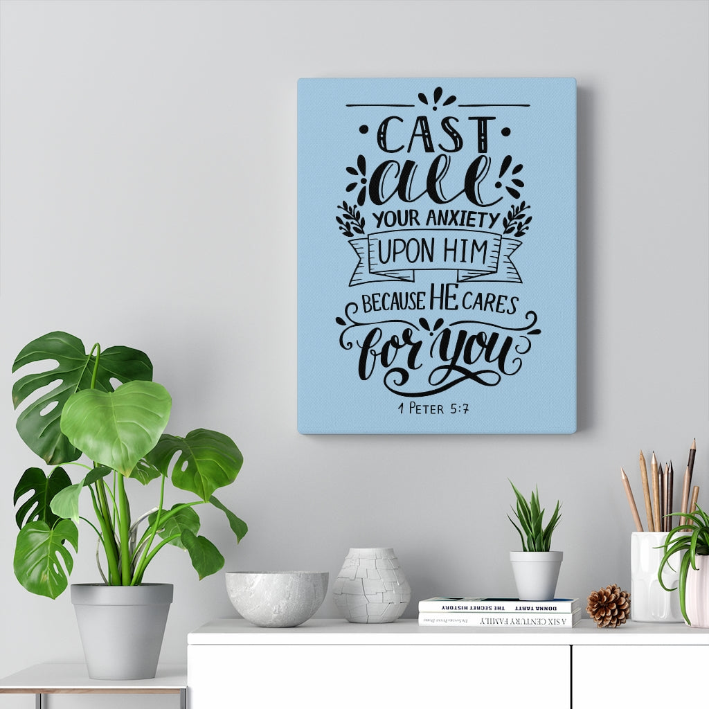 Scripture Walls Because He Cares 1 Peter 5:7 Bible Verse Canvas Christian Wall Art Ready to Hang Unframed-Express Your Love Gifts