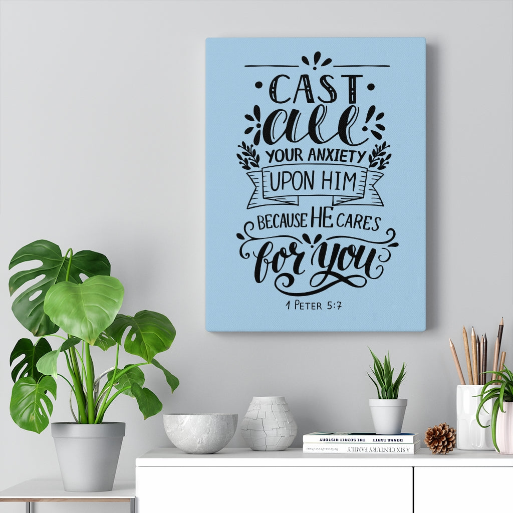 Scripture Walls Because He Cares 1 Peter 5:7 Bible Verse Canvas Christian Wall Art Ready to Hang Unframed-Express Your Love Gifts