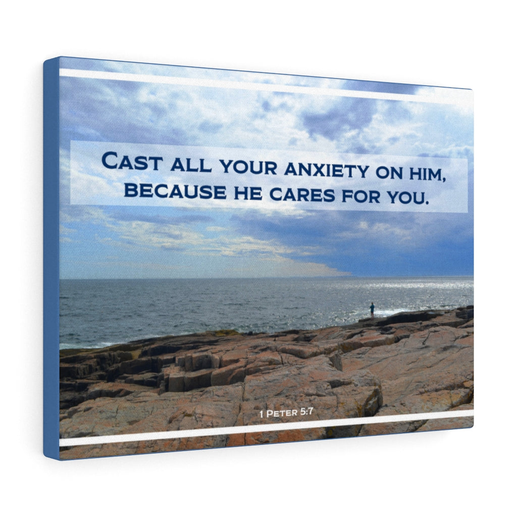 Scripture Walls Because He Cares For You 1 Peter 5:7 Bible Verse Canvas Christian Wall Art Ready to Hang Unframed-Express Your Love Gifts