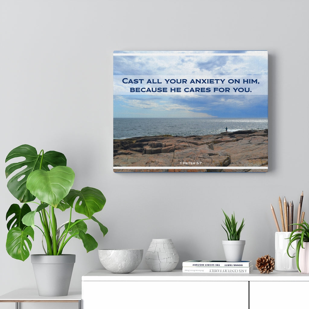 Scripture Walls Because He Cares For You 1 Peter 5:7 Bible Verse Canvas Christian Wall Art Ready to Hang Unframed-Express Your Love Gifts