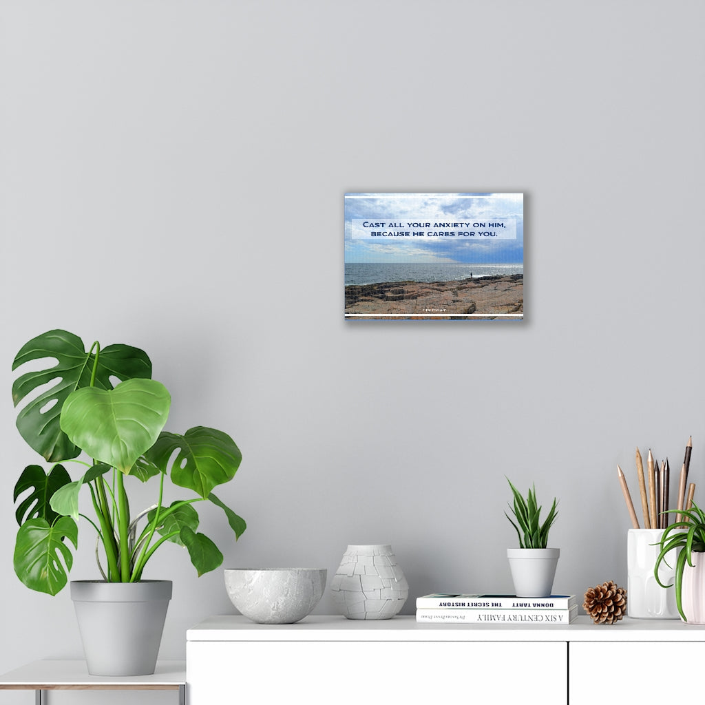 Scripture Walls Because He Cares For You 1 Peter 5:7 Bible Verse Canvas Christian Wall Art Ready to Hang Unframed-Express Your Love Gifts