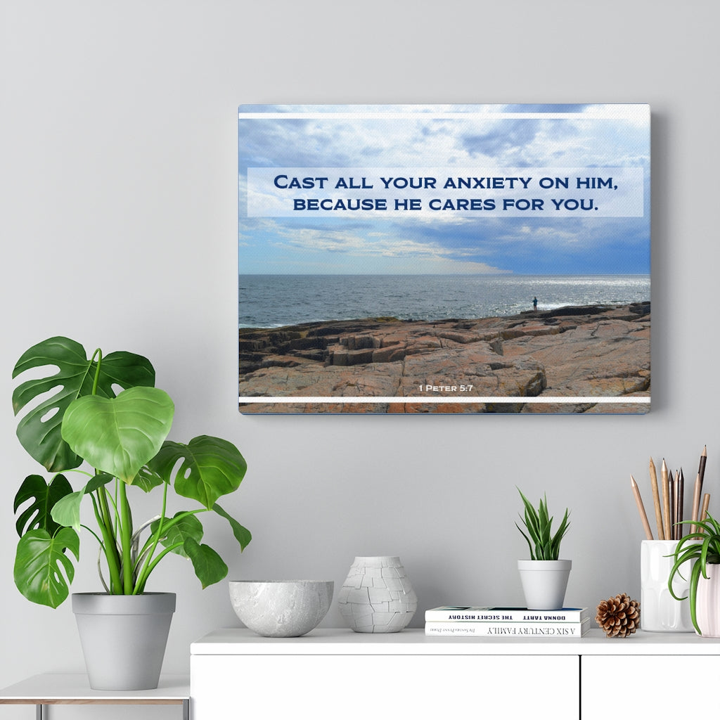 Scripture Walls Because He Cares For You 1 Peter 5:7 Bible Verse Canvas Christian Wall Art Ready to Hang Unframed-Express Your Love Gifts