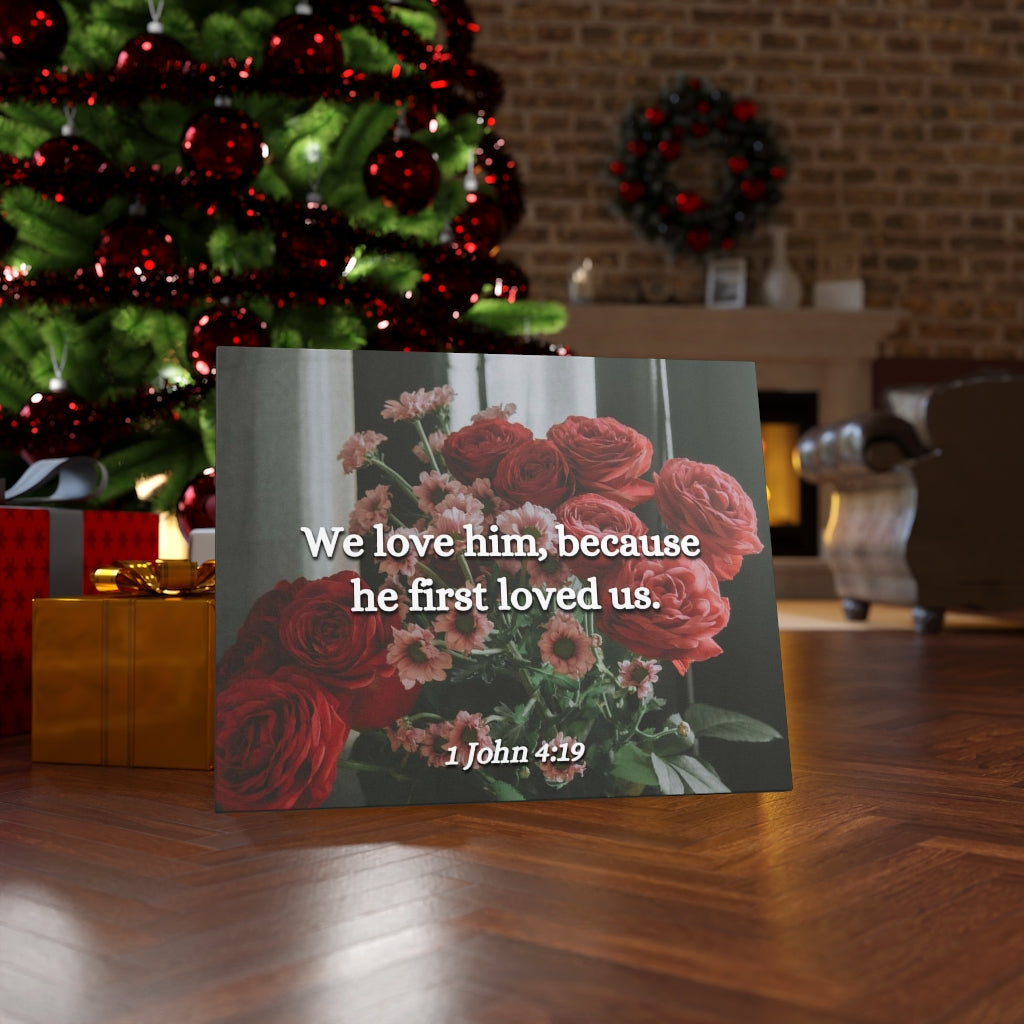 Scripture Walls Because He First Loved Us 1 John 4:19 Bible Verse Canvas Christian Wall Art Ready to Hang Unframed-Express Your Love Gifts