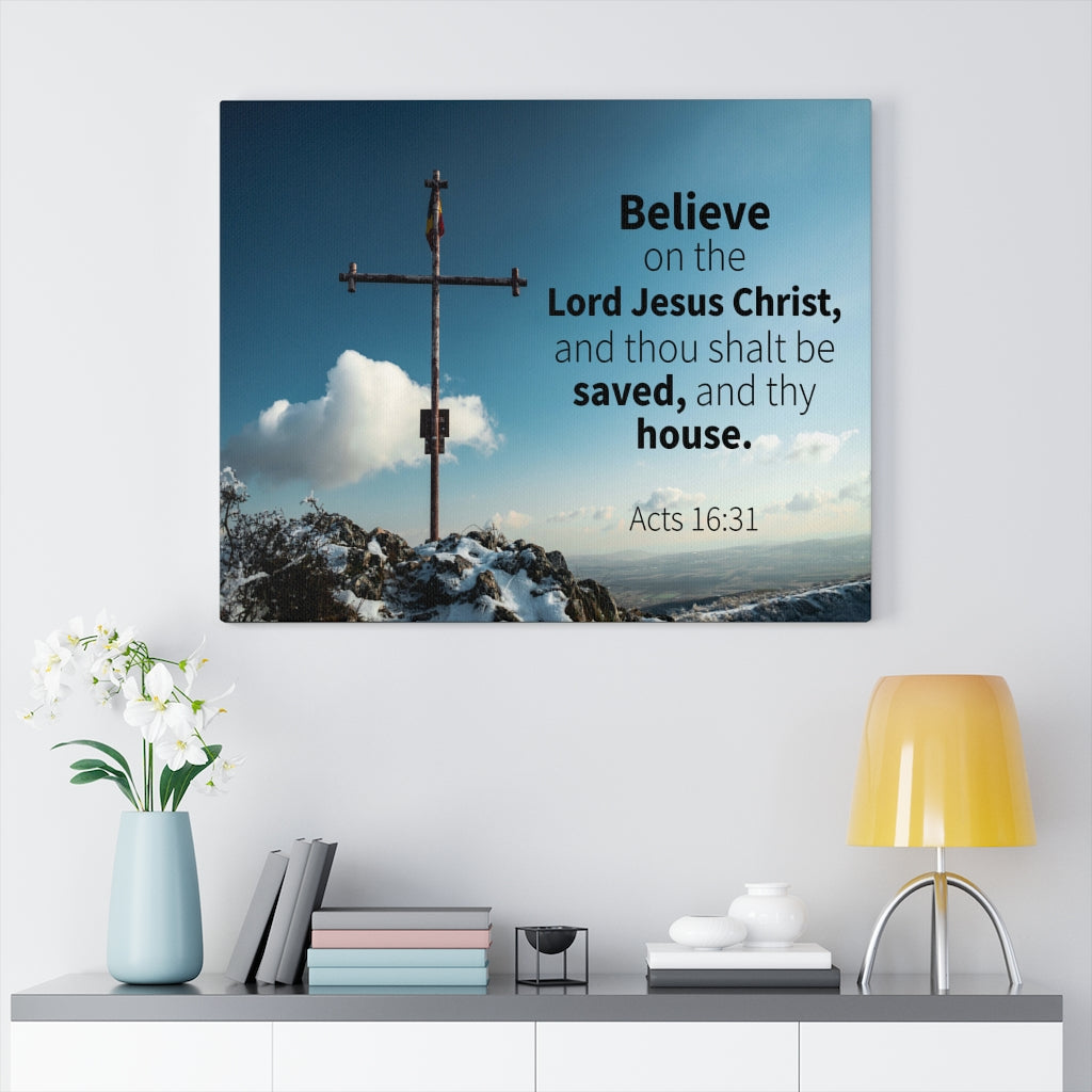 Scripture Walls Believe On The Lord Jesus Christ Acts 16:31 Bible Verse Canvas Christian Wall Art Ready to Hang Unframed-Express Your Love Gifts