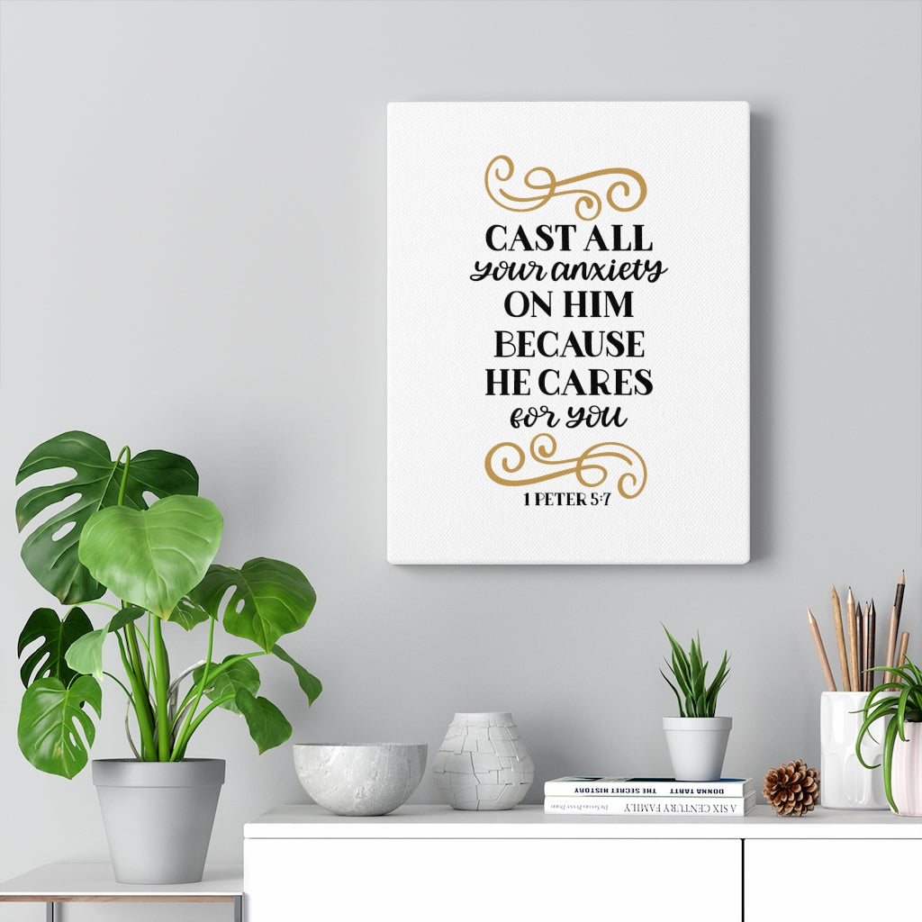 Scripture Walls CAres For You 1 Peter 5:7 Bible Verse Canvas Christian Wall Art Ready to Hang Unframed-Express Your Love Gifts