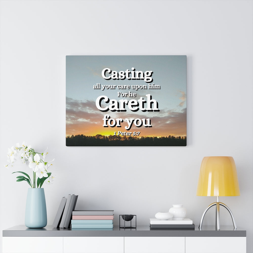 Scripture Walls CAreth For You 1 Peter 5:7 Bible Verse Canvas Christian Wall Art Ready to Hang Unframed-Express Your Love Gifts