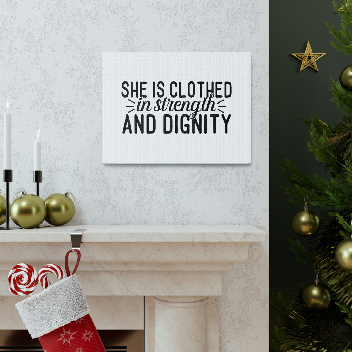 Scripture Walls Clothed In Strength And Dignity Proverbs 31:25 White Christian Wall Art Bible Verse Print Ready to Hang Unframed-Express Your Love Gifts