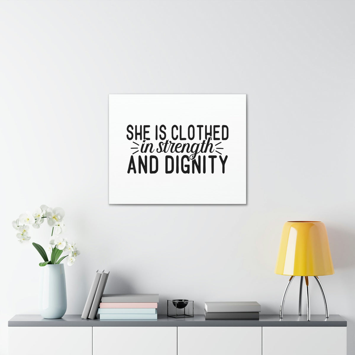 Scripture Walls Clothed In Strength And Dignity Proverbs 31:25 White Christian Wall Art Bible Verse Print Ready to Hang Unframed-Express Your Love Gifts