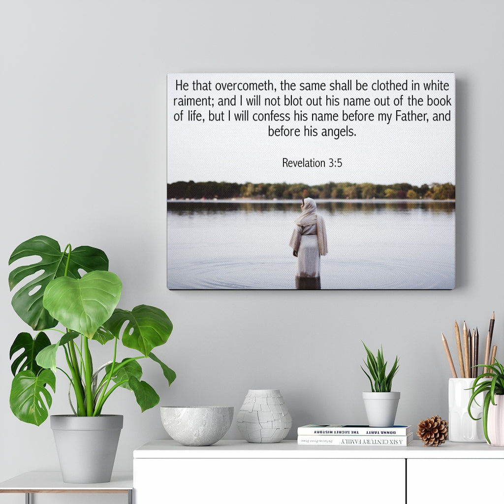 Scripture Walls Clothed in White Revelation 3:5 Bible Verse Canvas Christian Wall Art Ready to Hang Unframed-Express Your Love Gifts