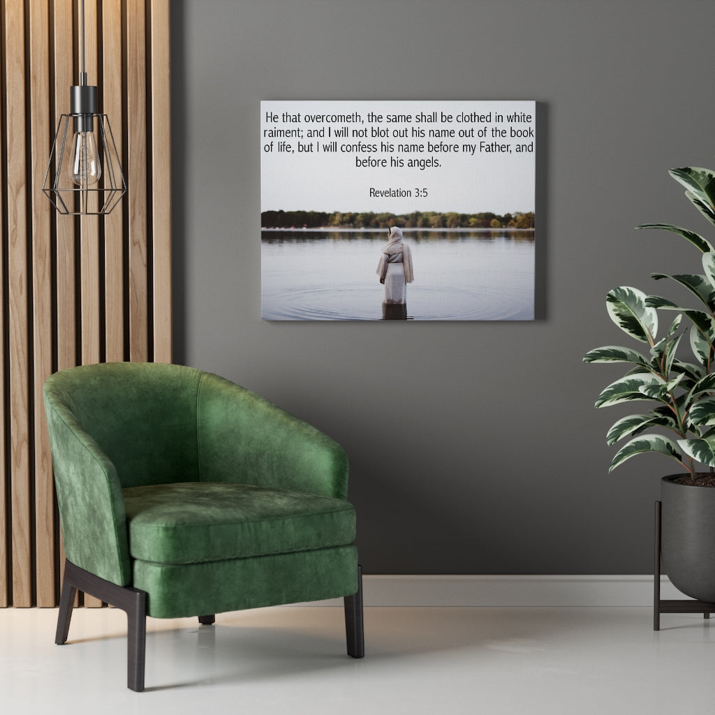 Scripture Walls Clothed in White Revelation 3:5 Bible Verse Canvas Christian Wall Art Ready to Hang Unframed-Express Your Love Gifts