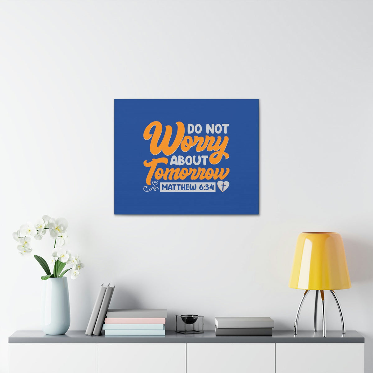 Scripture Walls Do Not Worry Matthew 6:34 Blue & Orange Bible Verse Canvas Christian Wall Art Ready to Hang Unframed-Express Your Love Gifts