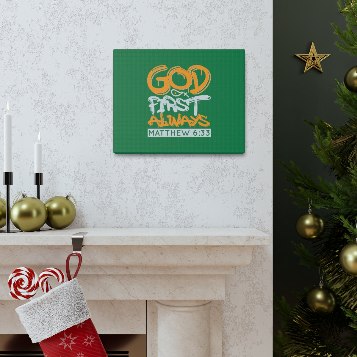 Scripture Walls God First Always Matthew 6:33 Dark Green Bible Verse Canvas Christian Wall Art Ready to Hang Unframed-Express Your Love Gifts