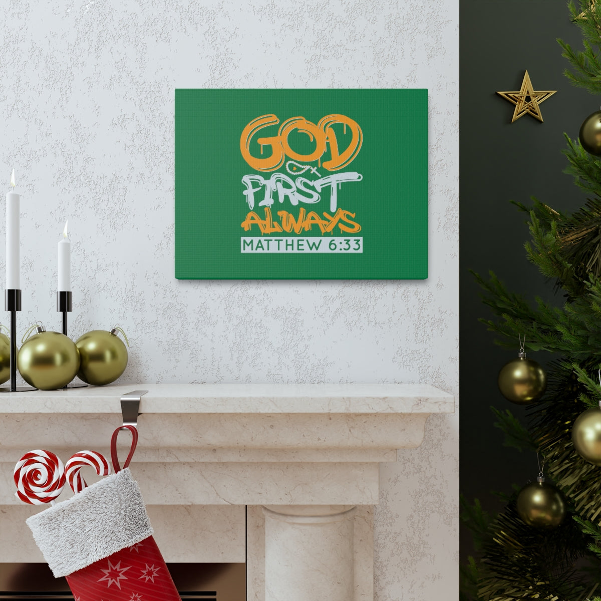 Scripture Walls God First Always Matthew 6:33 Dark Green Bible Verse Canvas Christian Wall Art Ready to Hang Unframed-Express Your Love Gifts