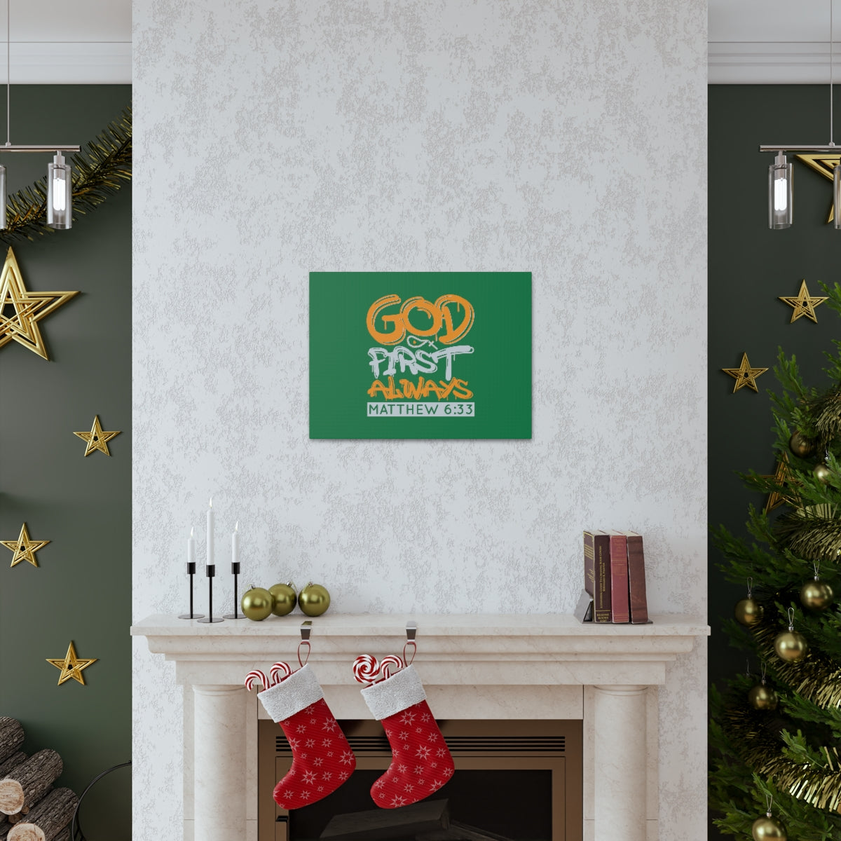 Scripture Walls God First Always Matthew 6:33 Dark Green Bible Verse Canvas Christian Wall Art Ready to Hang Unframed-Express Your Love Gifts