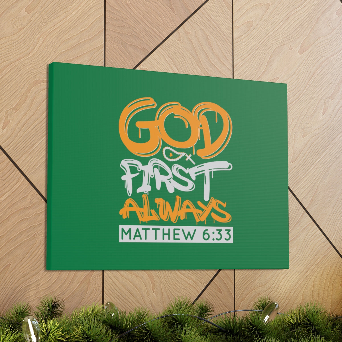 Scripture Walls God First Always Matthew 6:33 Dark Green Bible Verse Canvas Christian Wall Art Ready to Hang Unframed-Express Your Love Gifts