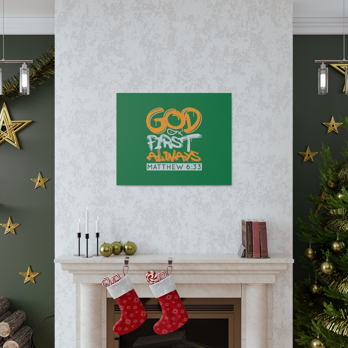 Scripture Walls God First Always Matthew 6:33 Dark Green Bible Verse Canvas Christian Wall Art Ready to Hang Unframed-Express Your Love Gifts