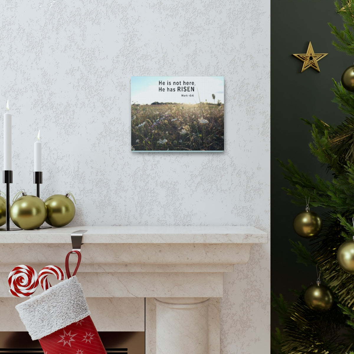 Scripture Walls He Has Risen Mark 16:6 Bible Verse Canvas Christian Wall Art Ready to Hang Unframed-Express Your Love Gifts