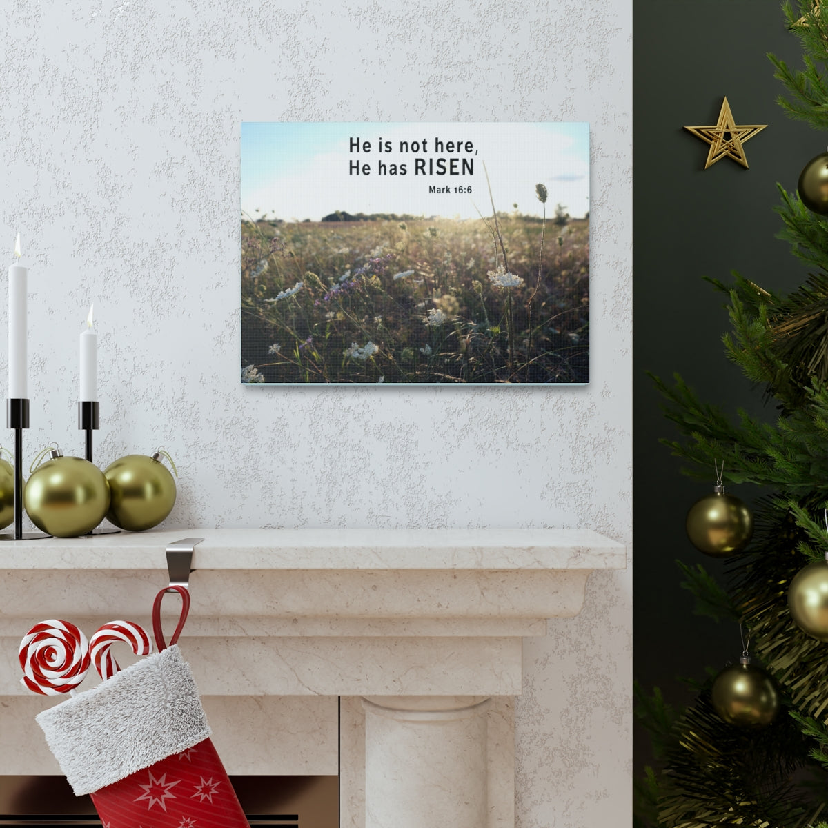 Scripture Walls He Has Risen Mark 16:6 Bible Verse Canvas Christian Wall Art Ready to Hang Unframed-Express Your Love Gifts