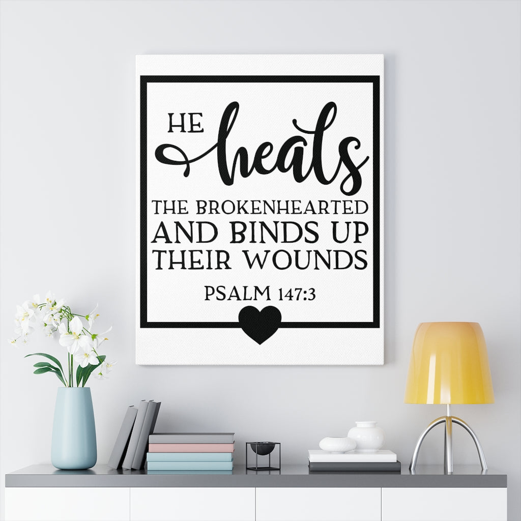 Scripture Walls He Heals Psalm 147:3 Bible Verse Canvas Christian Wall Art Ready to Hang Unframed-Express Your Love Gifts