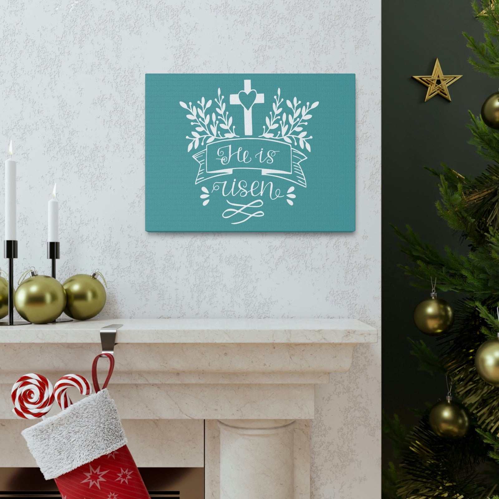 Scripture Walls He Is Risen Matthew 28:6 Teal Branches Christian Wall Art Bible Verse Print Ready to Hang Unframed-Express Your Love Gifts