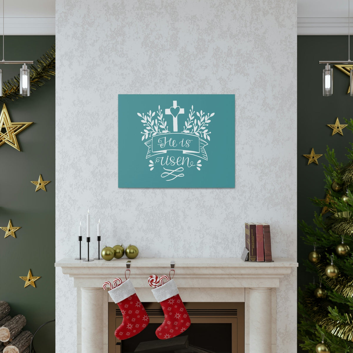 Scripture Walls He Is Risen Matthew 28:6 Teal Branches Christian Wall Art Bible Verse Print Ready to Hang Unframed-Express Your Love Gifts