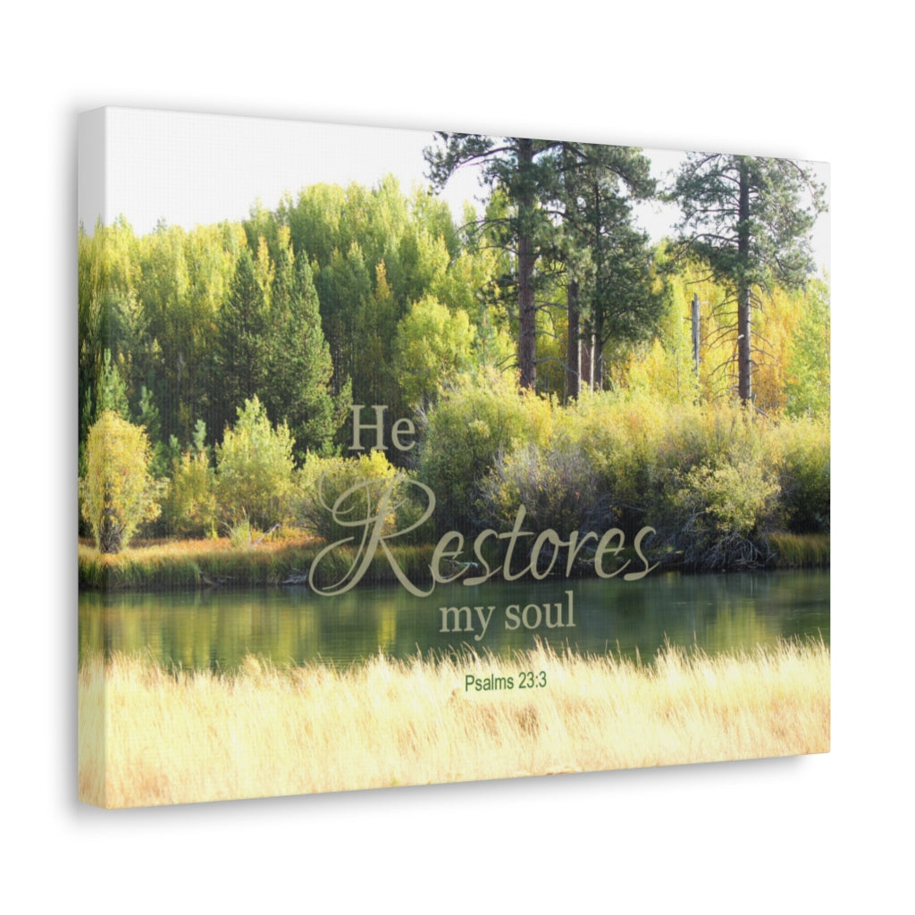 Scripture Walls He Restores My Soul Psalm 23:3 Bible Verse Canvas Christian Wall Art Ready to Hang Unframed-Express Your Love Gifts