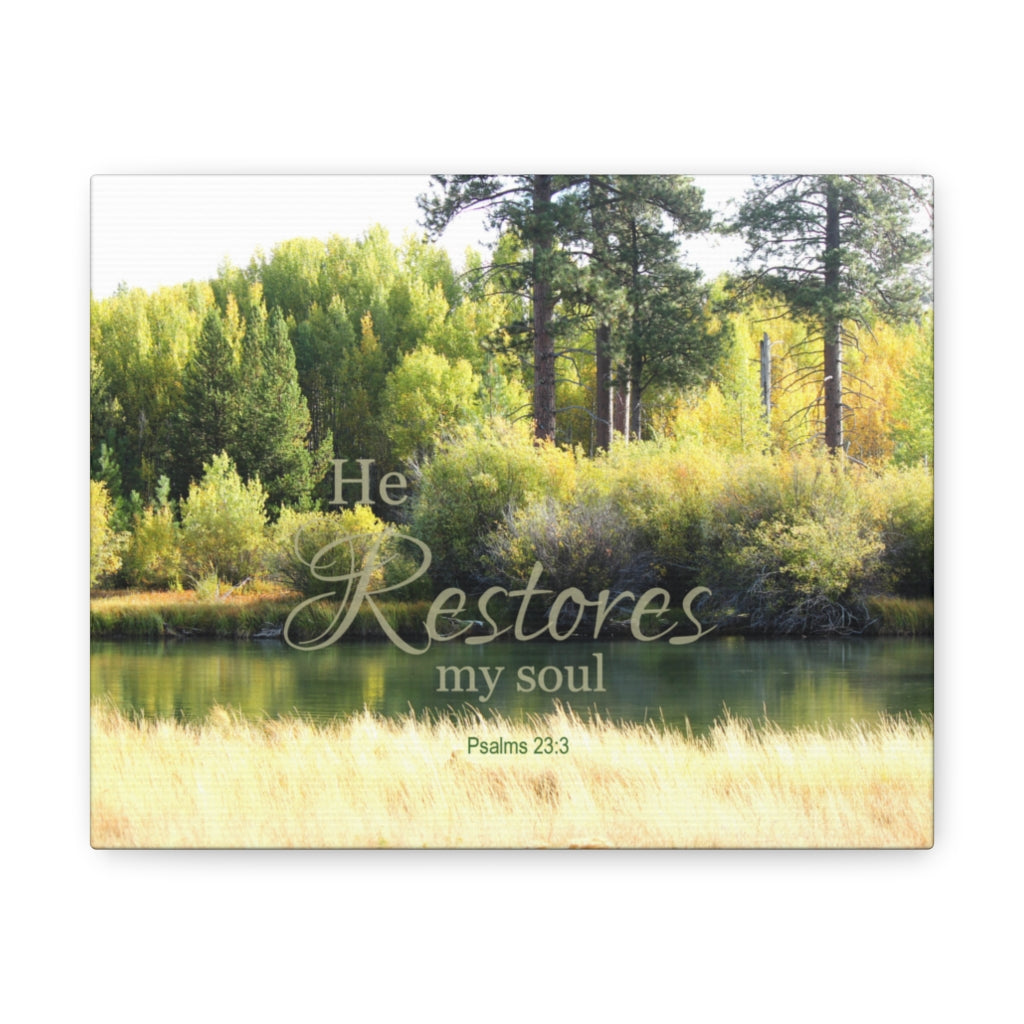 Scripture Walls He Restores My Soul Psalm 23:3 Bible Verse Canvas Christian Wall Art Ready to Hang Unframed-Express Your Love Gifts